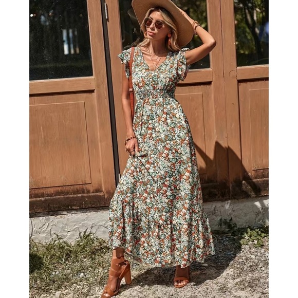 Ditsy Floral Ruffle Trim V Neck Smocked Waist Boho Maxi Dress M L XL Nwt - Picture 5 of 8
